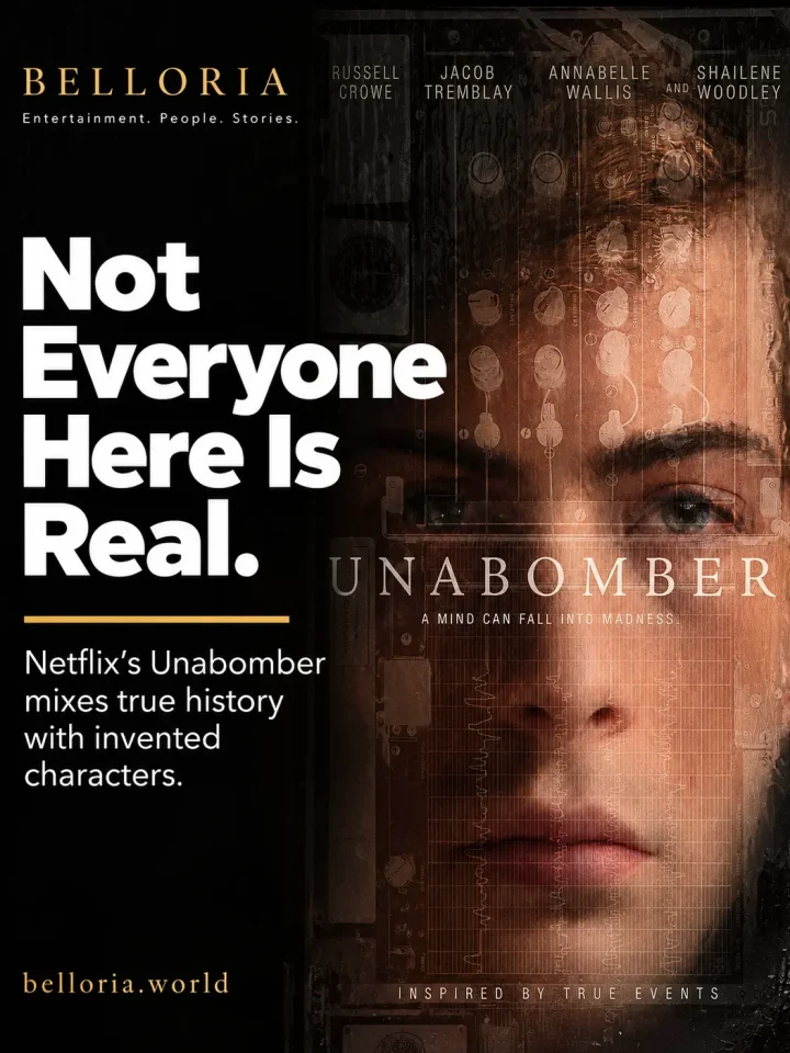 Netflix Unabomber cast graphic showing real vs fictional characters