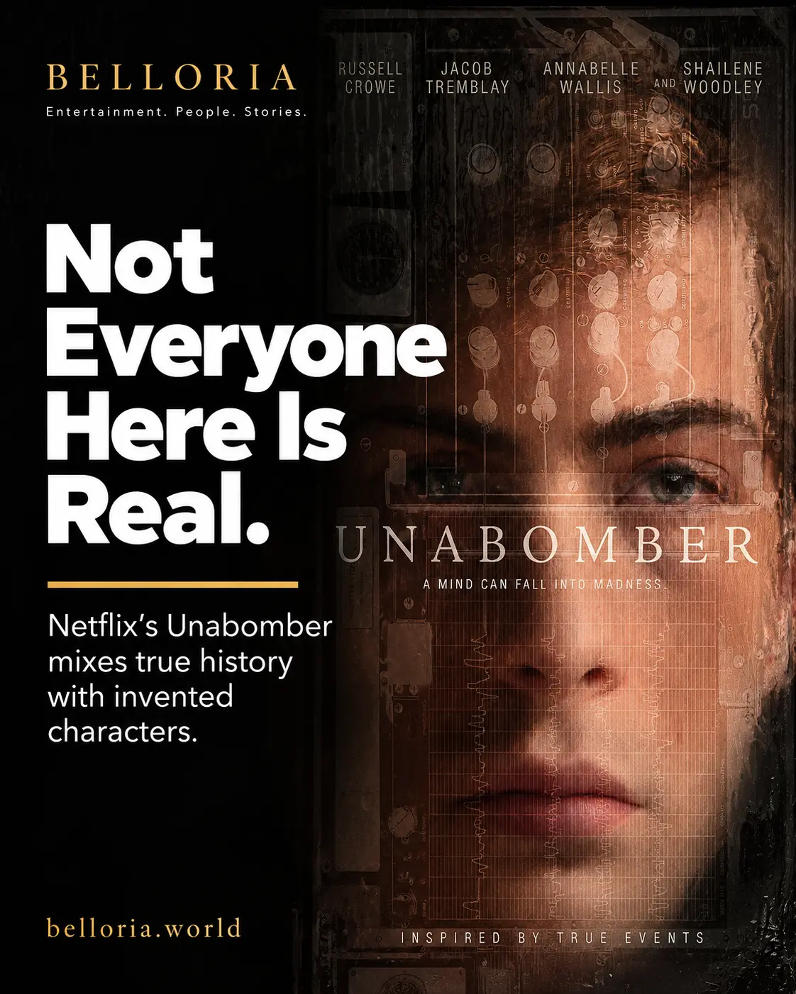 Netflix Unabomber cast graphic showing real vs fictional characters